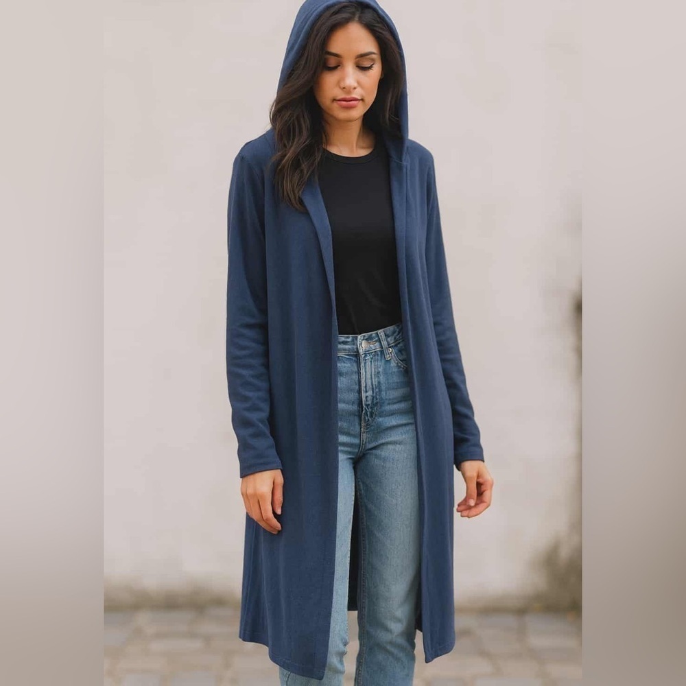 Rouge Collection | Coastal Grandma Minimalist Hooded Navy Duster Coat 1X